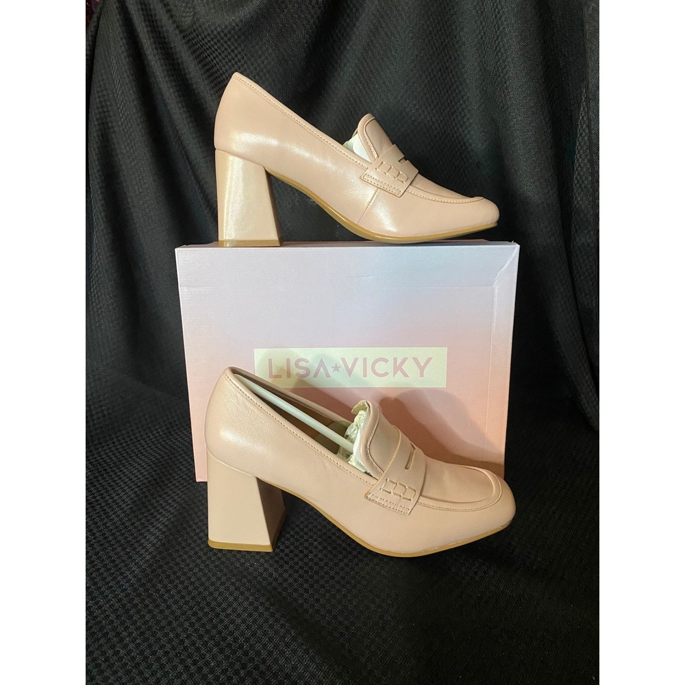 Lisa Vicky Blush Pink Leather Penny Loafer Block Heel Pumps Womens Size 7.5